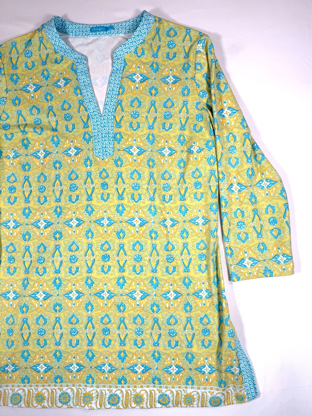 J MCLAUGHLIN Womens Catalina Cloth Tunic Top M Split Neck Medallion Print Preppy